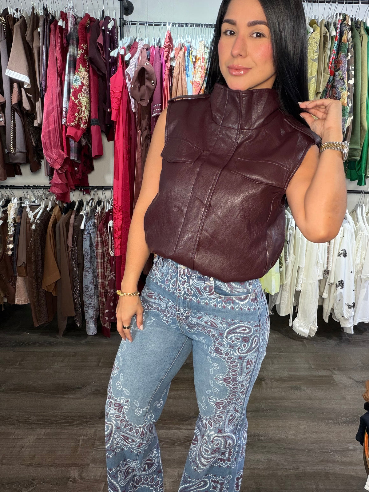 Jacket vest leather wine